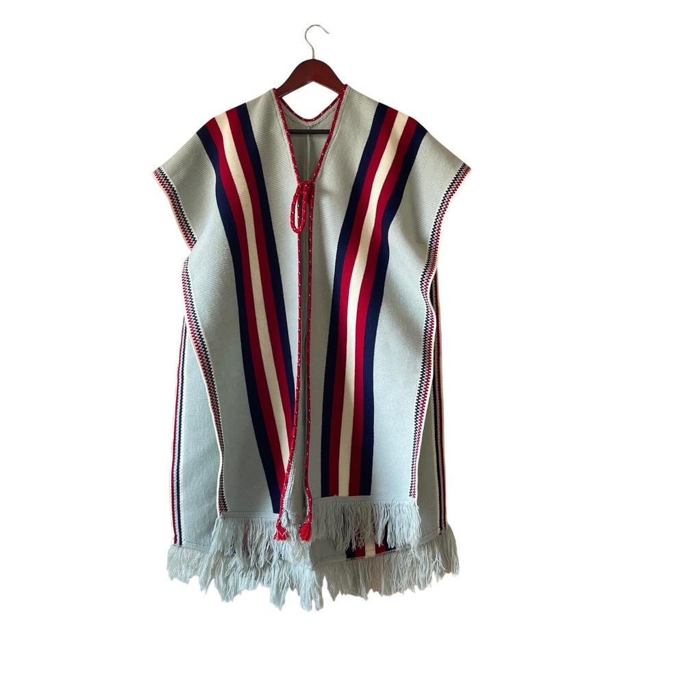 Vintage 70s Style Striped Knit Poncho‎ Cape Light Blue Red Navy Fringe One Size